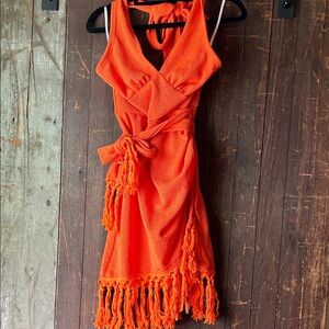 SHEIN Orange Fringe Tie-Waist Mini Dress